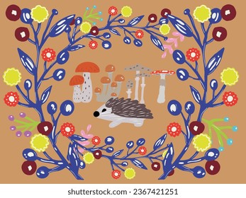 Cute autumn illustration of different flowers, hedgehog and different types of mushrooms