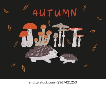 Cute autumn illustration of different flowers, hedgehog and different types of mushrooms
