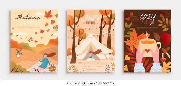 Cute autumn illustration in hand drawn style, concept of forest camping, applicable to cover, invitation, and greeting card