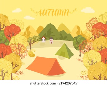 Ilustración de otoño en estilo dibujado a mano, concepto de camping forestal, aplicable a cubierta, invitación y tarjeta de saludo.