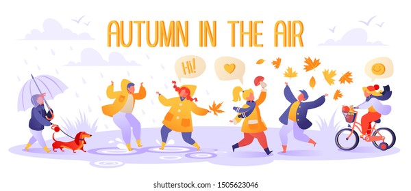 Cute autumn illustration with happy kids playing outdoors. Autumn season. Boy walks with dog. Children in raincoats and rubber boots jump in puddles. Girl found mushroom, boy throws up foliage. 