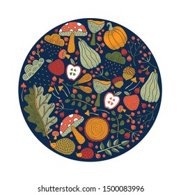 Cute autumn illustration with leaves, hedgehogs, apples and berries.