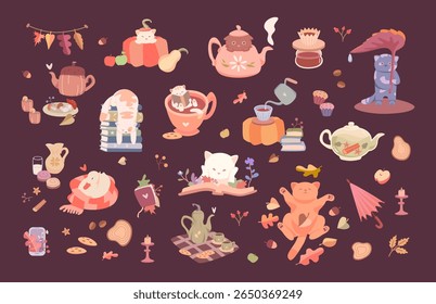 Cute autumn illustration set with cozy cats, hot tea, fall treats, and seasonal elements like pumpkins, leaves, and books. Perfect for stickers, greeting cards, planner decor, or social media graphics