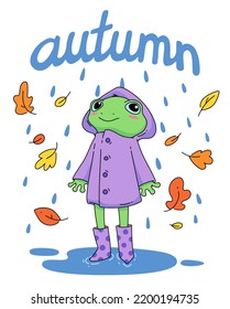 Cute Autumn Illustration Of A Toad In A Raincoat And Rubber Boots. Funny Cartoon Frog In Raincoat In The Rain With 