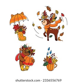 Cute autumn illustrations with animals in the forest. Vector.
