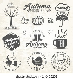 Cute Autumn Illustrations and Badges Set in Vintage Style