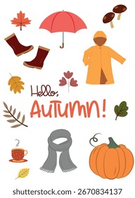 Niedlicher Herbst, einzelne Vektorgrafik-Set. Stiefel, Regenschirm, Regenjacke, Schal, Kürbis, Kaffee, Blätter und Herbstgruß.