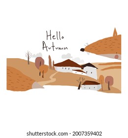 Cute Autumn landscape with Big Fox on White Background