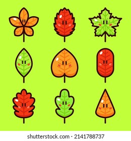 Conjunto de ilustraciones de iconos de vectores de dibujos animados de hojas de otoño