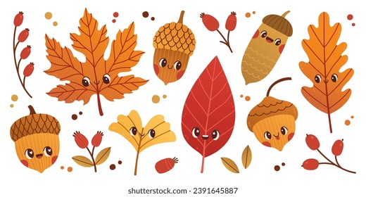 Hojas de dibujos animados y bellotas ilustraciones vectoriales. Roble, bellota, hojas de árbol. Huella natural al estilo escandinavo