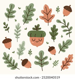 Cute autumn leaves and acorns cartoon vector illustration. Oak, acorn, tree leaves. Vector illustration for design.