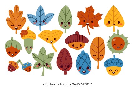 Folhas de outono bonitas e bolotas ilustração de vetor cartoon. Carvalho, bolota, folhas de árvores. Impressão natural em estilo escandinavo
