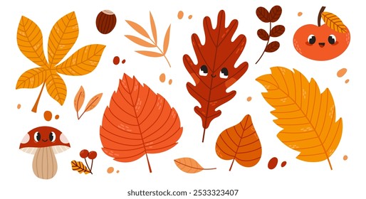 Lindas hojas de otoño. Champiñón, manzana y nuez. Ilustración plana del Vector aislada en el fondo blanco.