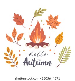 Cute autumn lettering Hello Autumn. Autumn season handwritten slogan. An autumn phrase, hand-drawn with cute and cozy design elements