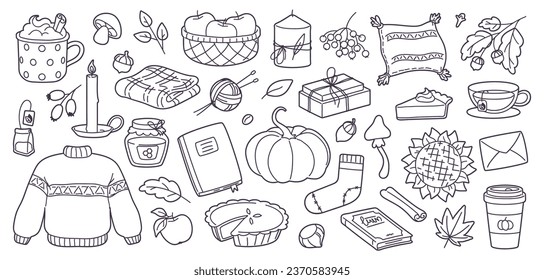 Cute autumn linear doodles, pumpkins, apples in basket, fall leaves, hot chocolate. Hand drawn fall season sketch elements, wool yarn, warm sweater and socks, mushrooms, cozy decor sticker vector set