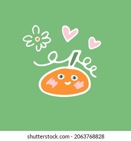 Cute autumn little pumpkin. Vector illustration in nice colors for universal holiday ideas. White outline of pumpkins and hearts with delicate flowers on a light green background