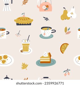 Cute autumn mood pattern. Fall seasonal bakery and drinks. Coffee, tea, pumpkin pie, cake, leaves. Vector illustration