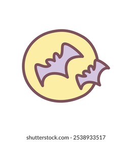 Cute autumn moon icon. Hand drawn illustration of a full moon and two flying bats silhouettes isolated on a white background. Kawaii halloween sticker. Vector 10 EPS.
