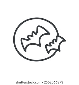 Cute autumn moon icon. Hand drawn monochrome illustration of a full moon and two flying bats silhouettes isolated on a white background. Vector 10 EPS.