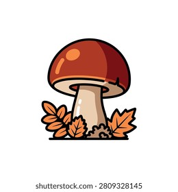 Cute Autumn Mushroom with Fall Leaves Vector Illustration