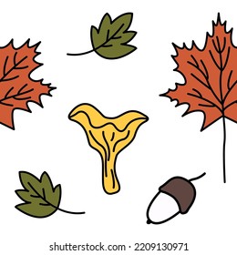 Cute autumn mushroom leaf pattern. Doodle colorful mushrooms and leaves autumn background. Endless, seamless pattern. Hand drawn cozy vector illustration.