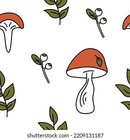 Cute autumn mushroom leaf pattern. Doodle colorful mushrooms, berries and leaves autumn background. Endless, seamless pattern. Hand drawn cozy vector illustration.