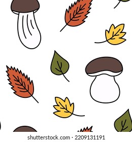 Cute autumn mushroom leaf pattern. Doodle colorful mushrooms and leaves autumn background. Endless, seamless pattern. Hand drawn cozy vector illustration.