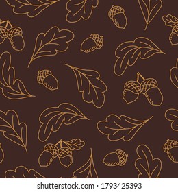 Cute autumn oak leaves and acorns seamless pattern in doodle style. Dark brown and beige vector print.