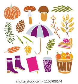 Cute autumn objects and elements on white background. Seasonal hygge autumn illustrations