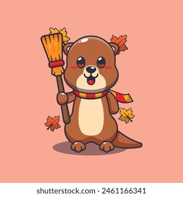 Cute autumn otter holding broom. Mascot cartoon vector illustration suitable for poster, brochure, web, mascot, sticker, logo and icon.