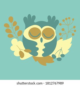 Cute autumn owl. Cartoon bird, leaves and berries. Print for t-shirts, postcards, posters. Vector illustration in flat style