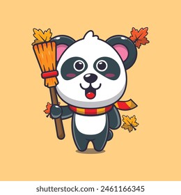Cute autumn panda holding broom. Mascot cartoon vector illustration suitable for poster, brochure, web, mascot, sticker, logo and icon.