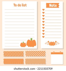 Cute autumn paper notes. Stationary set. Scrapbook notes. Printable planner stickers. To Do List note. Template for your message. Decorative planning element. Vector illustration.