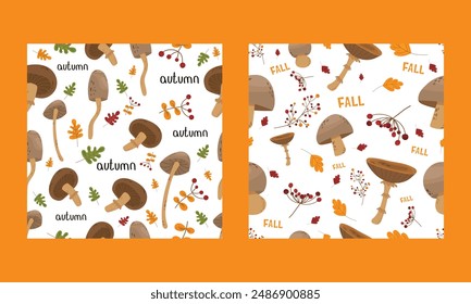 Cute autumn patten set. Vector mushrooms and fall berries in botanical flat style. For autumn harvest decor, textiles, wrapping paper.