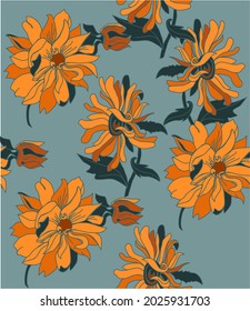 Herbstmuster von Asterern und Dahlien. Blumen auf grauem Hintergrund in goldenen Tönen