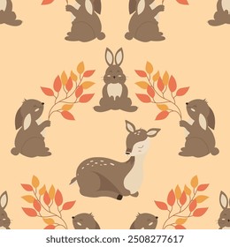 cute autumn pattern with bunnies and baby deer, leaves, seamless print