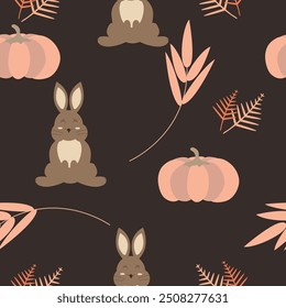 Lindo patrón de otoño con conejitos y calabazas, hojas sobre fondo oscuro sin costuras de impresión de tela