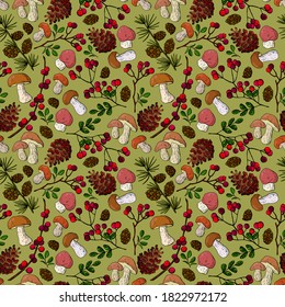 Herbstmuster schneiden. Käse, Pilze, Viburnumbeeren. Cartoon-Stil. Stockillustration. Stockillustration. Design für Tapete, Verpackung, Stoff, Textilien, Umhüllungspapier.