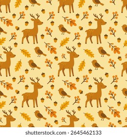 Um bonito padrão de outono com veados, pássaros, folhas e bolotas em cores quentes