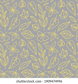 Cute autumn pattern with doodle style illustrations. Simple design. Autumn foliage. Fashionable color combination of gray and yellow. ideal for decorating textiles and paper products. 