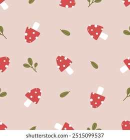 Cute autumn pattern with fly agarics and leaves on beige background.