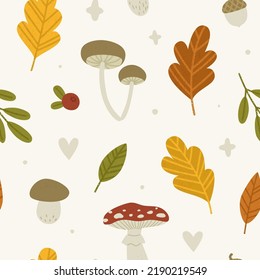 Típico patrón otoño con follaje y setas. Impresión vectorial sin fisuras para textiles.