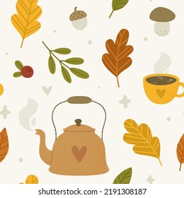 Cute autumn pattern with foliage and teapot. Fall seamless vector print with warm tea for textile.