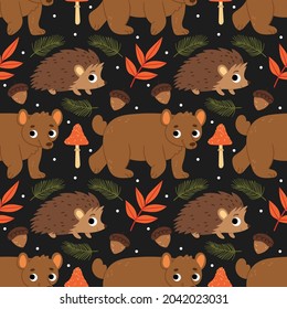 Cute autumn pattern with forest animals. Bear, hedgehog, maple, berries, mushrooms, acorns. Autumn mood.