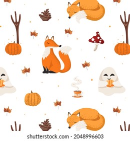 Cute autumn pattern with forest items: foxes, mushroom, leaves, pumpkin. Suitable for patterns, fabrics, photons, wallpaper in the nursery.