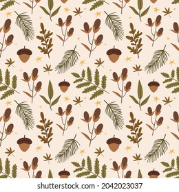 Cute autumn pattern with forest plants. Acorns, cones, leaves, Christmas tree, branch. Autumn mood.