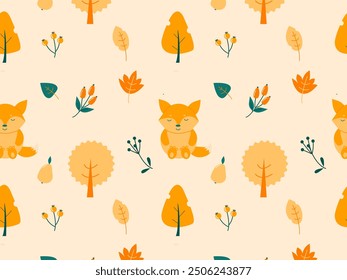 cute autumn pattern with a funny fox and fallen leaves 