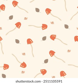 cute autumn pattern with leaves, mushrooms and snail on light background, seamless fabric print