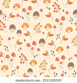 Cute autumn pattern with leaves and mushrooms on a light background, seamless fabric print