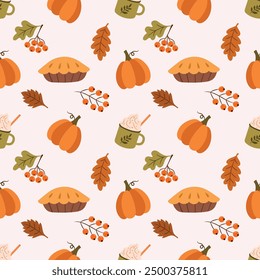 Cute autumn pattern with pies, pumpkins, coffee, autumn leaves, berries